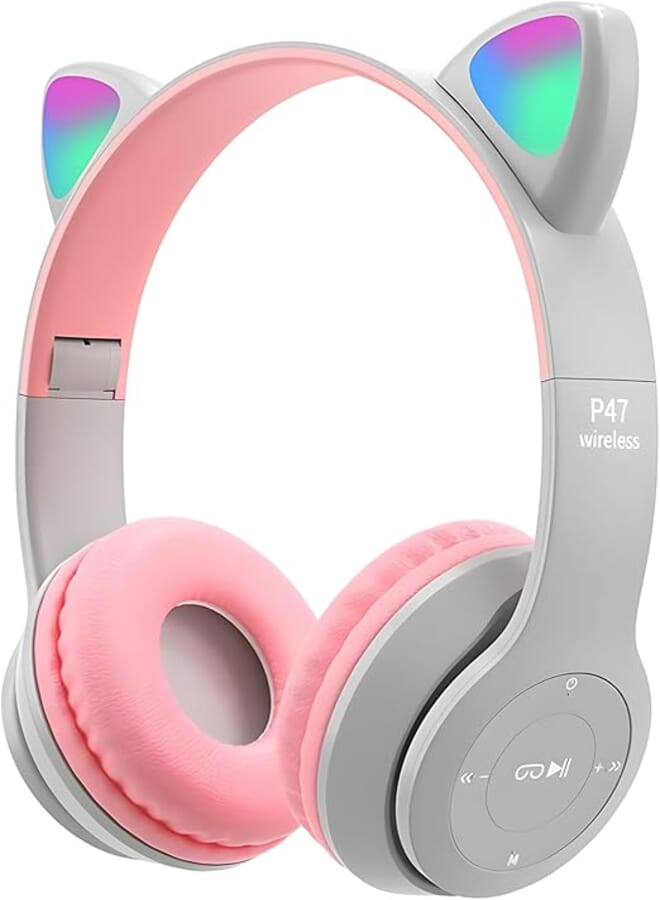 Joyzzz Cat Ear Kids Headphones, LED Light up Bluetooth 5.0 Wireless Kids Headphones, Kids Gaming Headset with Long Run Time, Foldable Cat Ear Headphones for Smartphone, Tablet, Pc (Pink)